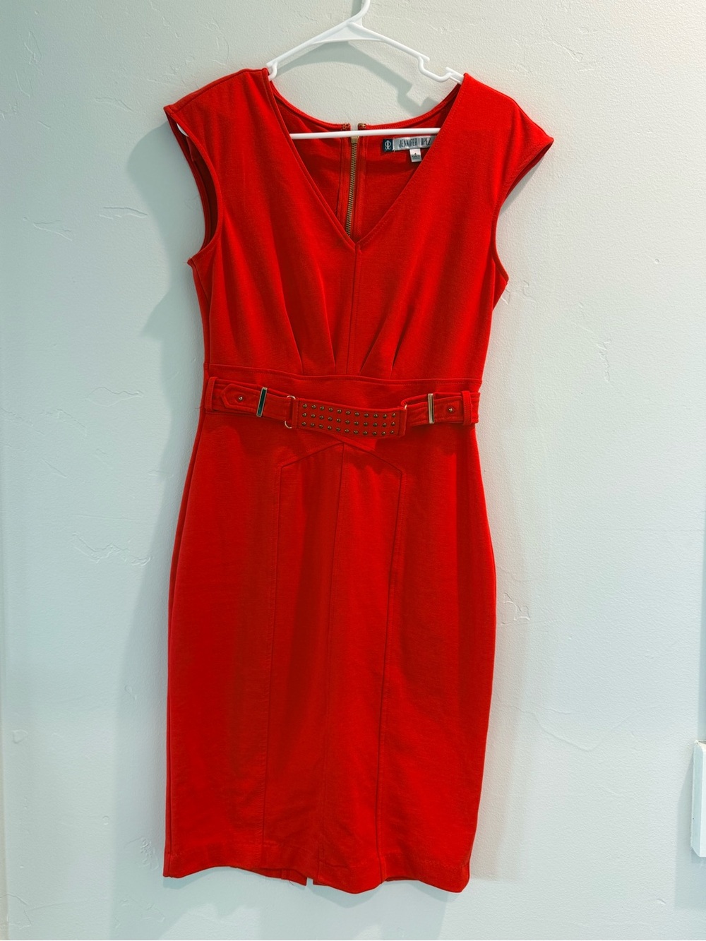 Jennifer Lopez Red V-Neck Belted Midi Dress